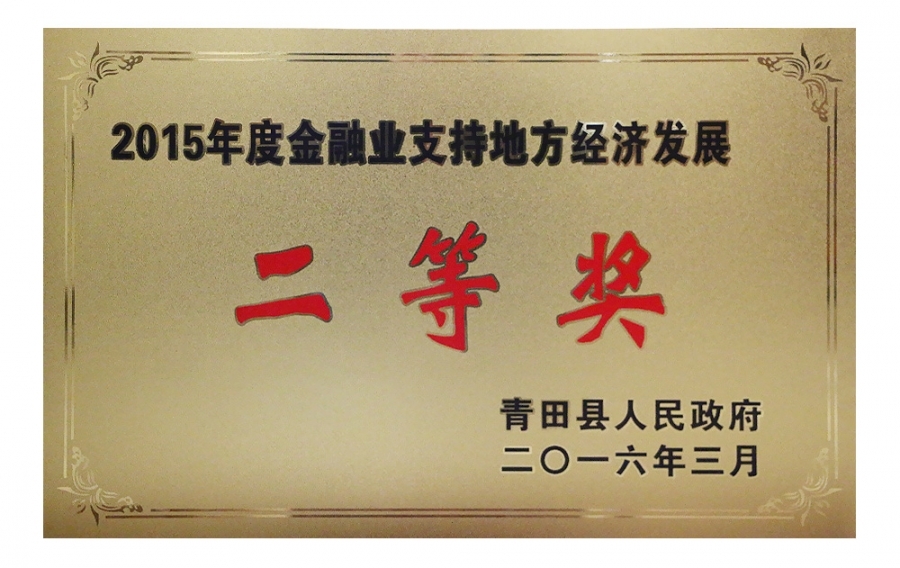 2015年度金融业支持处所经济发展二等奖